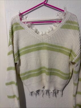 Cloud Chaser Cream and Light Green Striped V-Neck Cropped Sweater Medium